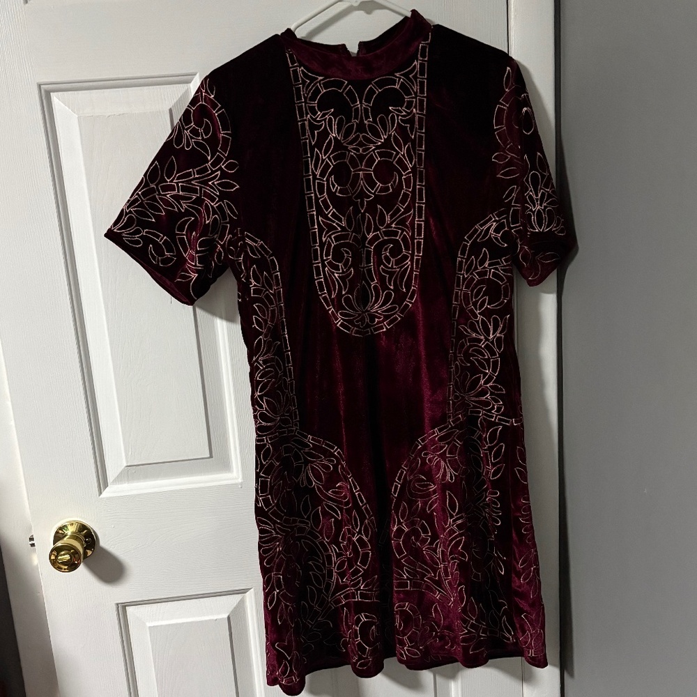 Embroidered Dark Red Mini Dress, Crushed Velvet